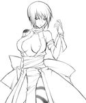  bare_shoulders breasts covered_nipples greyscale large_breasts monochrome ninja nipple_slip nipples no_bra open_clothes open_shirt rokuichi samurai_spirits shiki_(samurai_spirits) shirt short_hair solo standing 