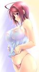  bare_shoulders blush breasts covered_nipples fct gundam gundam_seed gundam_seed_destiny large_breasts looking_at_viewer lunamaria_hawke midriff navel nipples no_bra no_pants panties pink_panties profile puffy_nipples purple_eyes red_hair see-through short_hair smile solo tank_top underwear 