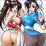  anus artist_request ass black_hair blue_eyes breast_press breasts brown_hair bun_cover censored china_dress chinese_clothes chun-li crossover curvy double_bun dress fatal_fury green_eyes holding_hands huge_ass huge_breasts lowres multiple_girls no_panties pantyhose pelvic_curtain shiranui_mai sideboob street_fighter symmetrical_docking the_king_of_fighters wide_hips 
