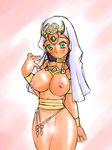  1girl artist_request blush breasts censored dark_skin egyptian egyptian_clothes erect_nipples green_eyes ishizu_ishtar large_breasts lens_flare partially_clothed pussy solo yu-gi-oh! yuu-gi-ou_duel_monsters 