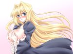  :o angry bangs blonde_hair blue_dress blue_eyes blush body_blush breasts breasts_outside cleavage covering covering_breasts dress gradient gradient_background hair_intakes komiru large_breasts long_hair looking_at_viewer no_bra nose_blush puffy_sleeves sekirei solo straight_hair torn_clothes tsukiumi v-shaped_eyebrows very_long_hair white_background 