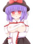  arm_grab bangs blue_hair blush bow bowtie breast_hold breasts covered_nipples d: empty_eyes frown hat hat_bow lactation lactation_through_clothes large_breasts looking_at_viewer milk nagae_iku nipples no_bra nose_blush open_mouth purple_hair red_eyes ribbon ry see-through shawl shirt shirt_lift short_hair simple_background skirt solo tearing_up tears touhou upper_body white_background 
