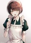  1girl alternate_costume apron bangs blunt_bangs blush brown_eyes brown_hair commentary_request danganronpa enmaided eyebrows_visible_through_hair freckles koizumi_mahiru looking_to_the_side maid maid_apron maid_headdress open_mouth puffy_short_sleeves puffy_sleeves short_hair short_sleeves simple_background super_danganronpa_2 upper_body upper_teeth white_background z-epto_(chat-noir86) 