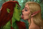  absurd_res blonde_hair bodily_fluids braided_hair elf eyes_closed female female/female french_kissing green_body green_skin hair hi_res humanoid humanoid_pointy_ears justsomenoob kissing lips long_hair makeup mascara orc red_hair saliva tears tongue tongue_out tusks 