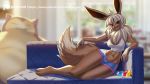  16:9 2019 5_fingers alanscampos anthro bottomwear breasts cleavage clothed clothing digital_media_(artwork) eevee female fingers furniture hair hi_res looking_at_viewer lying midriff navel neck_tuft nintendo on_side open_mouth patreon pok&eacute;mon pok&eacute;mon_(species) shirt short_hair shorts solo tank_top text topwear tuft url video_games 