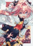  1boy armor astolfo_(fate) belt belt_buckle black_bow blush bow braid buckle capelet character_name cloak eyebrows_visible_through_hair fang fate/grand_order fate_(series) fur_trim gauntlets hair_between_eyes hair_bow highres long_hair open_mouth otoko_no_ko pink_hair purple_eyes shaded_face smile tongue white_capelet yuno_tsuitta 