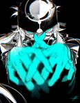 1boy aqua_eyes aqua_gloves asclepius_(fate/grand_order) au_(d_elite) black_background black_headwear blurry fate/grand_order fate_(series) gas_mask gloves greyscale hair_between_eyes hands_together long_hair mask monochrome signature simple_background solo spot_color 