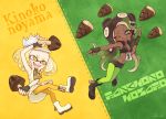  +_+ 2girls ;) arm_up bangs black_footwear black_gloves black_shirt black_shorts blonde_hair blunt_bangs boots cephalopod_eyes commentary_request crop_top crown dark_skin domino_mask dress fangs fingerless_gloves fingers food gloves green_eyes green_legwear headphones highres hime_(splatoon) hinana37 holding holding_food iida_(splatoon) kinoko_no_yama long_hair looking_at_another mask mole mole_under_mouth multicolored multicolored_hair multicolored_skin multiple_girls navel_piercing octarian one_eye_closed open_mouth pantyhose partial_commentary piercing pink_pupils pointing shirt short_dress short_shorts shorts shorts_under_dress sleeveless sleeveless_dress sleeveless_shirt smile splatoon_(series) splatoon_2 standing suction_cups takenoko_no_sato_(food) tentacle_hair white_dress white_footwear white_hair white_shorts yellow_eyes yellow_legwear zipper_pull_tab 