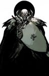  1boy armor berserk cape chun_lo glowing glowing_eyes greyscale highres holding holding_sword holding_weapon male_focus monochrome pauldrons red_eyes scratches shield simple_background skull solo spot_color standing sword weapon white_background 
