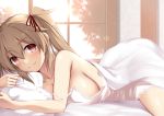  1girl bedroom blanket blush breasts hair_flaps hair_ornament hair_ribbon kantai_collection kuromayu large_breasts light_brown_hair long_hair looking_at_viewer lying murasame_(kantai_collection) on_stomach pillow red_eyes ribbon sleepwear smile twintails window 
