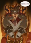  anthro armor balls chain chair charr claws collar dialogue english_text erection fangs felid feline fire fur furniture genitals glowing glowing_eyes guild_wars hi_res horn humanoid_genitalia humanoid_penis male mammal mane multi_ear paws penile_spines penis rytlock_brimstone solo syberfab tail_tuft text throne tuft video_games 