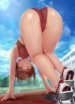  1girl armpits ass bangs bent_over blush breasts day eyebrows_visible_through_hair from_behind from_below full_body gentsuki hanging_breasts highres kneepits looking_at_viewer original outdoors parted_lips shoes short_hair smile sneakers solo sports_bikini tan thighs track track_and_field 