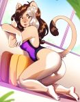  anthro bent_over bikini_thong breasts brown_hair butt clothing dandee_(character) felid female fur hair hi_res humanoid_face leaning lion looking_at_viewer looking_back luxarman mammal one-piece_swimsuit pantherine plantigrade raised_tail smile solo swimwear tan_body tan_fur yellow_eyes 