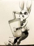  3:4 ahiru621 anthro clothed clothing disney fully_clothed fur hi_res holding_cup holding_object judy_hopps lagomorph leporid mammal open_mouth rabbit sitting solo straw zootopia 