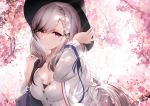  1girl absurdres azur_lane bag black_headwear breasts cleavage dunkerque_(afternoon_aphrodite)_(azur_lane) dunkerque_(azur_lane) gradient_hair hair_ornament hand_on_headwear hand_up hat higandgk highres large_breasts long_hair long_sleeves looking_at_viewer multicolored_hair red_eyes revision shirt shoulder_bag silver_hair smile solo top_hat upper_body white_shirt 