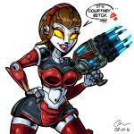  1:1 accessory bottomwear breasts brown_hair cleavage clothed clothing courtney_gears danny-jay female gun hair headband lipstick machine makeup navel no_pupils not_furry ranged_weapon ratchet_and_clank robot skirt smile video_games weapon white_body white_skin yellow_sclera 
