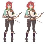  1girl absurdres arrow blue_capelet blue_eyes boots bow_(weapon) brown_footwear brown_gloves brown_pants capelet closed_mouth contrapposto gloves head_tilt highres holding holding_bow_(weapon) holding_weapon looking_at_viewer mismatched_gloves multiple_views nagisa_kurousagi original pants partly_fingerless_gloves quiver red_hair red_legwear simple_background smile standing striped striped_legwear vest weapon white_background white_gloves 
