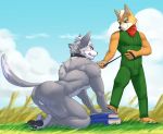  2020 anthro backsack balls detailed_background duo fox_mccloud fur genitals grey_body grey_fur hi_res jrjresq leash nintendo nude star_fox video_games wolf_o&#039;donnell 