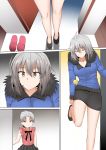  1boy 1girl ahoge breasts closed_eyes collarbone commentary_request crossdressing dishwashing_soap door dress expressionless fate/grand_order fate_(series) frown fur_collar ginhaha grey_hair highres jacket jeanne_d&#039;arc_(alter)_(fate) jeanne_d&#039;arc_(fate)_(all) large_breasts legs miniskirt shoes_removed short_hair skirt slippers wooden_floor yellow_eyes 