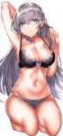  1girl arm_up armpits bangs bare_arms bare_shoulders black_bra blue_eyes blush bra breasts cleavage commentary_request eyebrows_visible_through_hair grey_panties hair_between_eyes hand_up highres large_breasts long_hair looking_at_viewer navel original panties pointy_ears rinaka_moruchi seiza silver_hair simple_background sitting solo stomach thighs underwear underwear_only white_background 