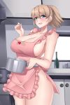  1girl apron blue_eyes blush breasts cleavage collarbone holding_pot indoors intrepid_(kantai_collection) kantai_collection kitchen large_breasts light_brown_hair lindaroze looking_at_viewer medium_hair naked_apron open_mouth pink_apron ponytail smile solo standing thighs 
