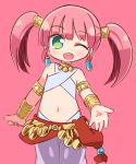  1girl ;d bangs bare_shoulders blush commentary_request dancer_(sekaiju) earrings eyebrows_visible_through_hair flat_chest green_eyes hair_ornament harem_outfit highres jewelry long_hair looking_at_viewer naga_u navel one_eye_closed open_mouth outstretched_arm pants pink_background pink_hair sekaiju_no_meikyuu sekaiju_no_meikyuu_4 simple_background smile solo standing twintails white_pants 