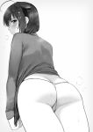  1girl ahoge artist_name ass ass_focus blush breath cover cover_page cowboy_shot doujin_cover from_behind grey_background greyscale hair_ornament highres kantai_collection long_sleeves looking_at_viewer looking_back monochrome parted_lips shigure_(kantai_collection) simple_background solo standing sweatdrop sweater thong umakuchi_shouyu 
