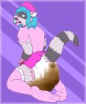  anthro biped bodily_fluids carnival-tricks clothing cum cum_on_clothing cum_on_face diaper feces feet genital_fluids hi_res humanoid_feet kneeling male mammal masturbation messy_diaper pacifier procyonid raccoon scat soiling solo striped_tail stripes 