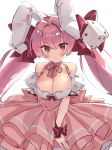  1girl :3 ahoge animal_ears bare_shoulders blush bow breasts bunny_ears choker cleavage di_gi_charat dice dice_hair_ornament dress eyebrows_visible_through_hair frilled_dress frills hair_bow hair_ornament hiyo_moo large_breasts long_hair pink_dress pink_hair red_eyes ribbon ribbon_choker simple_background solo twintails usada_hikaru white_background 