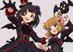  2girls black_gloves black_hair black_neckwear blue_eyes brown_eyes brown_hair coat commentary_request cravat crown fang gloves half_gloves halloween_costume hat highres idolmaster idolmaster_million_live! idolmaster_million_live!_theater_days long_sleeves looking_at_viewer looking_down mini_crown mini_hat mini_top_hat multiple_girls nagami_tami nakatani_iku one_side_up open_mouth outstretched_arms short_hair simple_background spread_arms suou_momoko top_hat 