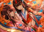  2girls autumn black_hair bow brown_hair bug butterfly calligraphy_brush fate/grand_order fate_(series) hair_bow insect japanese_clothes kimono layered_clothing layered_kimono long_hair multiple_girls murasaki_shikibu_(fate) paintbrush paper purionpurion purple_eyes sei_shounagon_(fate) smile very_long_hair yellow_eyes 