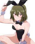  animal_ears bare_legs bare_shoulders black_leotard black_neckwear bow bowtie breasts bunny_ears bunny_girl bunny_tail bunnysuit commentary_request detached_collar fake_animal_ears green_hair highleg highleg_leotard highres idolmaster idolmaster_million_live! leotard looking_at_viewer medium_breasts nagami_tami nagayoshi_subaru red_eyes short_hair sitting strapless strapless_leotard tail wrist_cuffs 