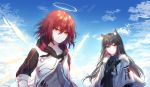  2girls absurdres animal_ear_fluff animal_ears arknights black_hair blue_sky cloud cloudy_sky day exusiai_(arknights) hair_between_eyes halo highres hood hood_down hooded_jacket jacket long_hair looking_at_viewer multicolored_hair multiple_girls orange_eyes raglan_sleeves red_hair shirt short_hair sky smile strap takano_jiyuu texas_(arknights) two-tone_hair upper_body white_jacket wings wolf_ears 