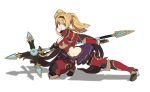  1girl bangs belt black_hairband blonde_hair boots braid breasts cleavage full_body granblue_fantasy green_eyes hairband high_heel_boots high_heels holding holding_weapon houtengeki large_breasts long_hair midriff navel polearm purple_skirt red_footwear shadow simple_background skirt solo spear thigh_boots thighhighs twintails weapon white_background zeta_(granblue_fantasy) 