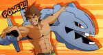  ! &gt;:d 2020 abs anime biceps bottomwear brock_(pok&eacute;mon) brown_body brown_hair brown_skin clothed clothing crossover english_text eyes_closed grey_body gym_leader hair hi_res human humor looking_at_viewer mammal manly metallic_body mirio_togata muscular my_hero_academia nintendo not_furry open_mouth orange_background pants pecs pink_tongue pok&eacute;mon pok&eacute;mon_(species) pose red_eyes simple_background size_difference smile steelix teeth text thegreyzen tongue topless triceps video_games 