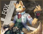  2020 5:4 alternate_version_at_source anthro belt bottomwear canid canine claws clothing english_text fingerless_gloves fox fox_mccloud fur gloves green_eyes handwear hi_res ivan-jhang jacket male mammal nintendo pants scarf smile solo star_fox text topwear video_games 