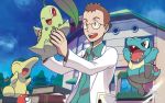  1boy :d ;d ^_^ blue_sky book brown_eyes brown_hair chikorita closed_eyes collared_shirt cyndaquil day fangs glasses holding holding_pokemon house ishikawa_hideki jumping labcoat looking_at_another male_focus official_art one_eye_closed open_mouth outdoors poke_ball poke_ball_(generic) pokemon pokemon_(creature) pokemon_(game) pokemon_hgss pokemon_trading_card_game red_eyes sharp_teeth shirt sky smile teeth totodile utsugi_(pokemon) window 