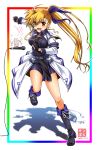  1girl blonde_hair boots green_eyes heterochromia highres knee_boots lyrical_nanoha microphone ponytail red_eyes san-pon vivid_strike! vivio 