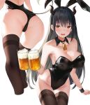  1girl alcohol animal_ears ass bare_shoulders beer black_hair black_leotard breasts brown_eyes brown_legwear bunny_ears bunnysuit cleavage collarbone commentary_request covered_navel cropped_legs cup demon_girl demon_horns demon_tail detached_collar dog_tags drinking_glass fake_animal_ears groin holding horns large_breasts leaning_forward leotard long_hair looking_at_viewer multiple_views open_mouth original simple_background standing suzuame_yatsumi tail thigh_gap thighhighs thighs very_long_hair white_background wrist_cuffs 