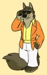  anthro barefoot brown_body brown_fur canid canine canis clothed clothing eyewear fur glasses larry_(zootopia) low_res mammal retro simple_background skunkbutt_(artist) solo wolf 