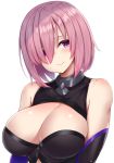  1girl blush breasts fate/grand_order fate_(series) hair_over_one_eye highres large_breasts lavender_hair looking_at_viewer mash_kyrielight mitsukazu_(nijigen_complex) purple_eyes short_hair simple_background solo white_background 