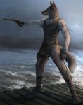  2020 4_toes 5_fingers anthro black_body black_fur black_nose canid canine canis clothed clothing day detailed_background digital_media_(artwork) domestic_dog fingers fur hi_res holding_gun holding_object holding_weapon male mammal open_mouth outside rukis solo teeth toes tongue weapon 