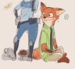  ! anthro barefoot bottomwear brown_body brown_fur canid canine clothed clothing disney duo fox fully_clothed fur grey_body grey_fur judy_hopps lagomorph leporid looking_at_another mammal necktie pants police_uniform rabbit red_fox shirt simple_background sitting smile topwear uniform unknown_artist zootopia 