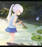  1girl blue_eyes blue_shirt blue_skirt bug butterfly child frog insect kneepits leilin lily_pad long_hair miniskirt naruse_shiroha outdoors pond ponytail shirt silver_hair skirt sleeveless sleeveless_shirt stick striped striped_shirt summer_pockets wading water 