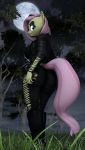  3d_(artwork) absurd_res anthro big_breasts breasts butt clothed clothing digital_media_(artwork) ear_piercing ear_ring equid equine female fluttershy_(mlp) friendship_is_magic fully_clothed gildedbonexfm goth hi_res mammal moon my_little_pony night outside piercing solo torn_clothing tree 
