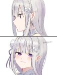  1girl artist_name blue_sclera blunt_bangs blush braid colored_sclera commentary_request crown_braid emilia_(re:zero) flower hair_flower hair_ornament hair_ribbon highres long_hair looking_at_viewer miffy201011 pointy_ears purple_eyes purple_ribbon re:zero_kara_hajimeru_isekai_seikatsu ribbon simple_background white_background white_flower white_hair x_hair_ornament 