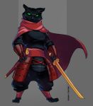  armor black_body black_fur cape cartoon_network clothing digitigrade domestic_cat felid feline felis feral feralized fur green_eyes male mammal mao_mao:_heroes_of_pure_heart melee_weapon rosaryedge sheriff_mao_mao_mao sword weapon 