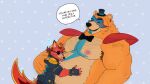  absurd_res anthro arm_hair armpit_hair aroused_face aroused_smile bear belly belly_grab belly_hair belly_overhang biceps big_belly body_hair brutte canid canine chest_hair clothing duo ear_piercing english_text erect_nipples eyes_closed fan_character five_nights_at_freddy's five_nights_at_freddy's:_security_breach fox freddy_(fnaf) glamrock_freddy hairy_pecs hat head_on_belly headgear headwear hi_res hug male male/male mammal moobs musclegut muscular muscular_anthro muscular_male nipple_focus nipple_outline nipples overweight overweight_anthro overweight_male pecs pecs_focus piercing scottgames size_difference steel_wool_studios tail text top_hat 