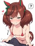  1boy 1girl ? bent_over bikini blush bow breasts brown_hair bulge collarbone commentary_request dot_nose ear_covers erection erection_under_clothes green_bow grin hair_bow heart highres holding holding_microphone horse_girl looking_at_viewer medium_breasts microphone motion_lines multicolored_hair navel nice_nature_(umamusume) red_bikini short_twintails side-tie_bikini_bottom smile speech_bubble spoken_question_mark sweat swimsuit twintails two-tone_hair user_yjvu3377 white_background 