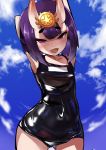  1girl arm_behind_head armpits arms_up bangs bare_shoulders black_swimsuit blue_sky blush bob_cut breasts collarbone covered_navel eyeliner fang fate/grand_order fate_(series) headpiece highres horns looking_at_viewer makeup one-piece_swimsuit oni oni_horns open_mouth purple_eyes purple_hair shimejinameko short_eyebrows short_hair shuten_douji_(fate/grand_order) skin-covered_horns sky small_breasts smile solo swimsuit 